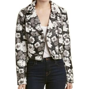 Sam Edelman Moto Jacket Cropped Floral Print Faux Leather Vegan Neutral XS NWT